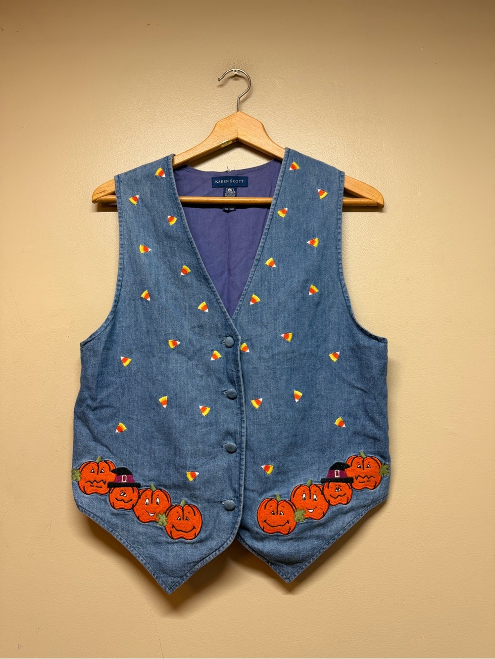 Vtg Karen Scott Denim Jean Vest Fall Autumn Harvest Pumpkins Candy Corn Teacher